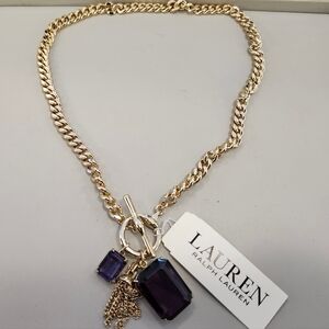NWT Ralph Lauren Purple Stone & Chain Tassel Multi-Charm 17" Pendant Neck…